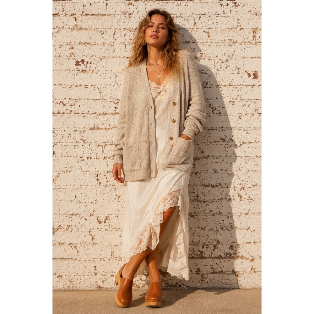 Vintage Lord Jeff Beige Cotton Jute Knit Cardigan Grandpa Sweater Oversized L